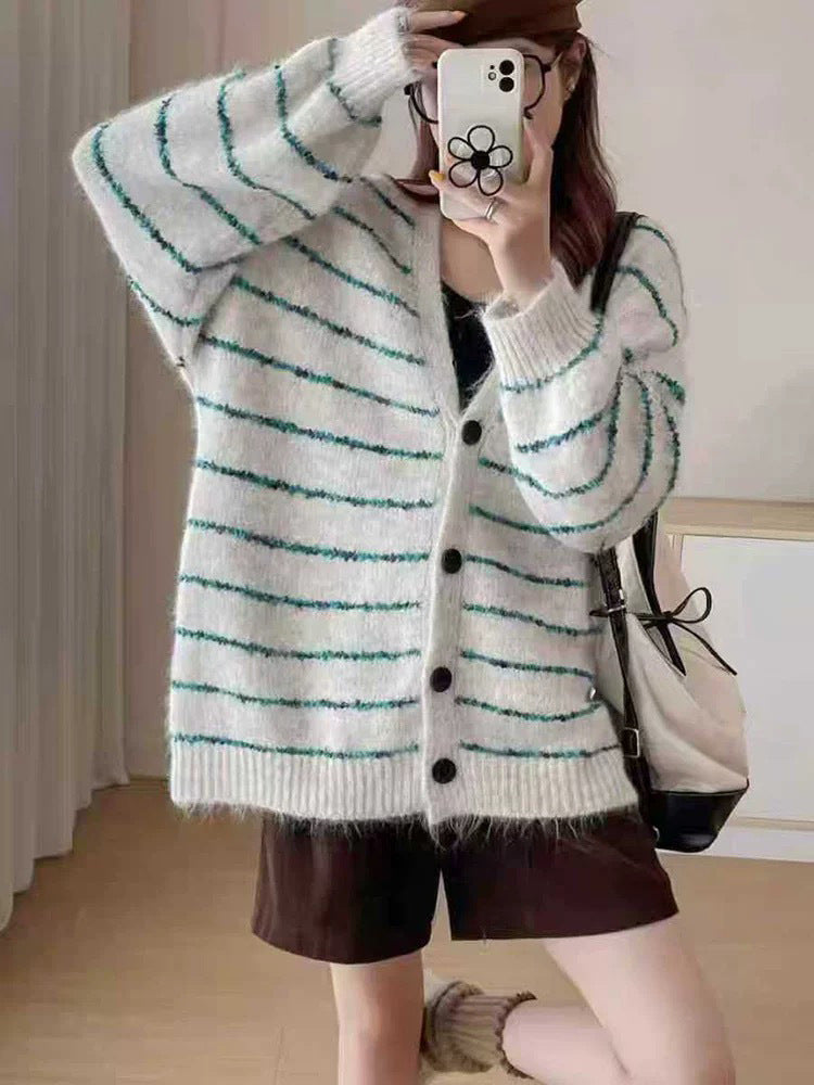 Version Color Block Stripe V-Neck Knitted Cardigan Women Loose Soft Lazy Style Sweater Jacket