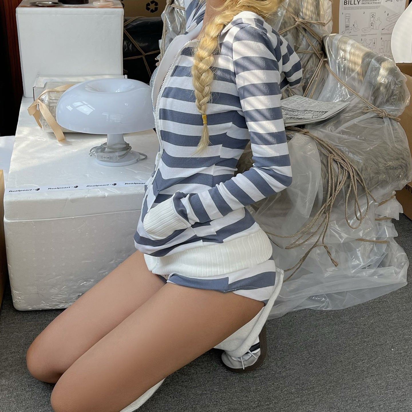 Striped contrasting hooded zipper top sweatshirt cardigan