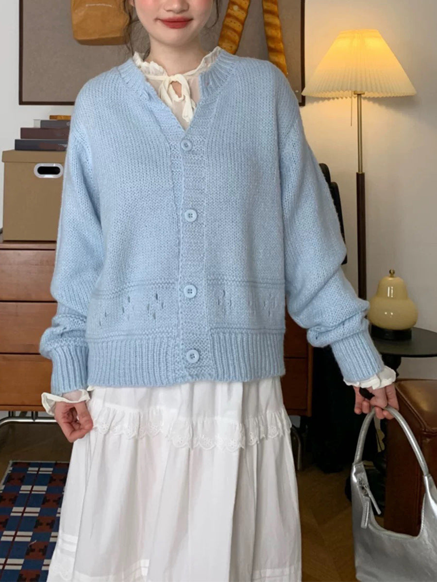 Round Neck Hollow Design Knit Cardigan Women Loose Fresh Sweet Style Sweater Jacket