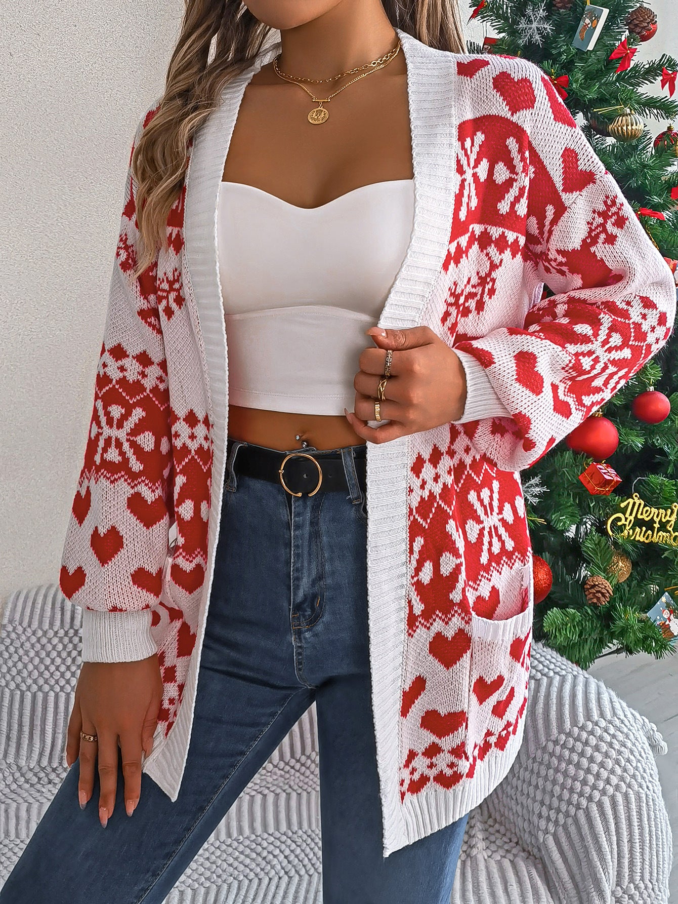 Christmas deer pocket long sleeved cardigan sweater jacket