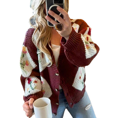 Color Block Floral Jacquard Single-Breasted Casual Knit Sweater Jacket for Women
