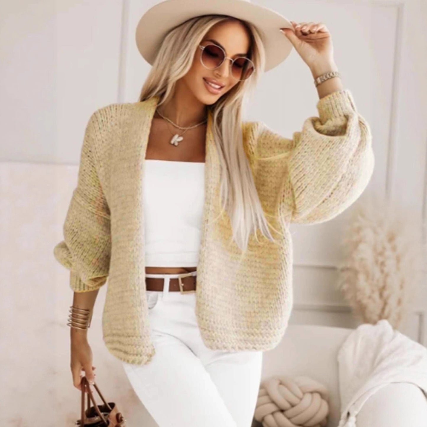 Pure Color Coarse Knit Cardigan V-Neck Lantern Sleeve Women's Jacket