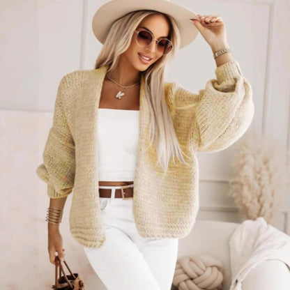 Pure Color Coarse Knit Cardigan V-Neck Lantern Sleeve Women's Jacket