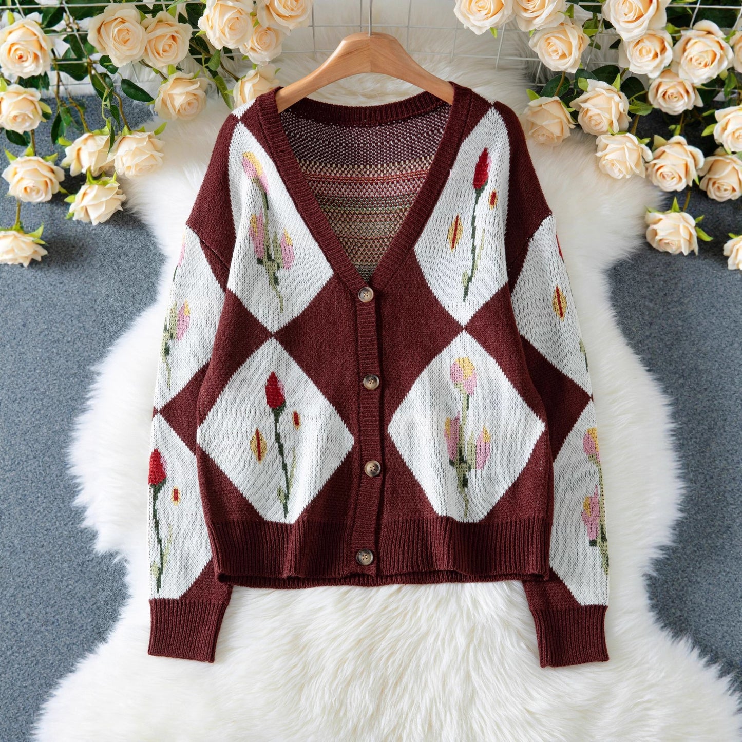Color Block Floral Jacquard Single-Breasted Casual Knit Sweater Jacket for Women