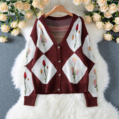 Color Block Floral Jacquard Single-Breasted Casual Knit Sweater Jacket for Women