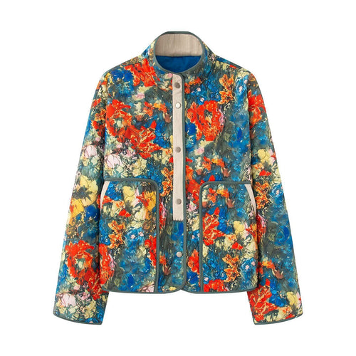 Stand collar long sleeved floral print embroidered cotton jacket for women