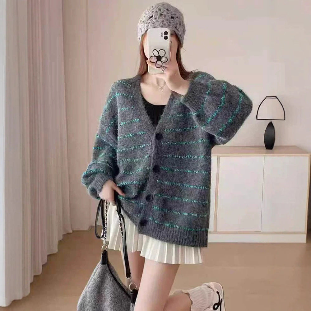 Version Color Block Stripe V-Neck Knitted Cardigan Women Loose Soft Lazy Style Sweater Jacket