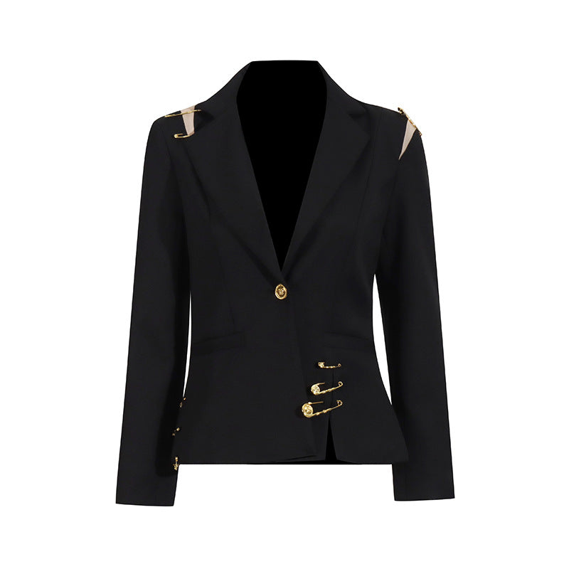 Summer New Mesh Splicing Pin Decorated Long Sleeve Slimming Fitted Small Blazer Jacket for Women Trendy