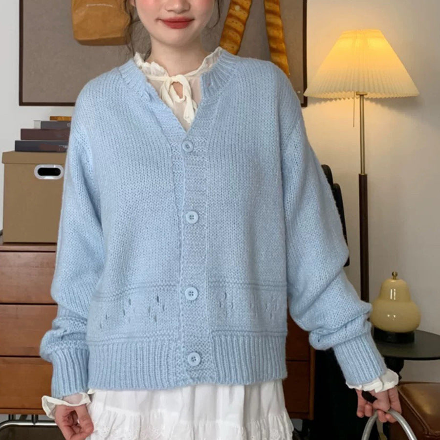 Round Neck Hollow Design Knit Cardigan Women Loose Fresh Sweet Style Sweater Jacket