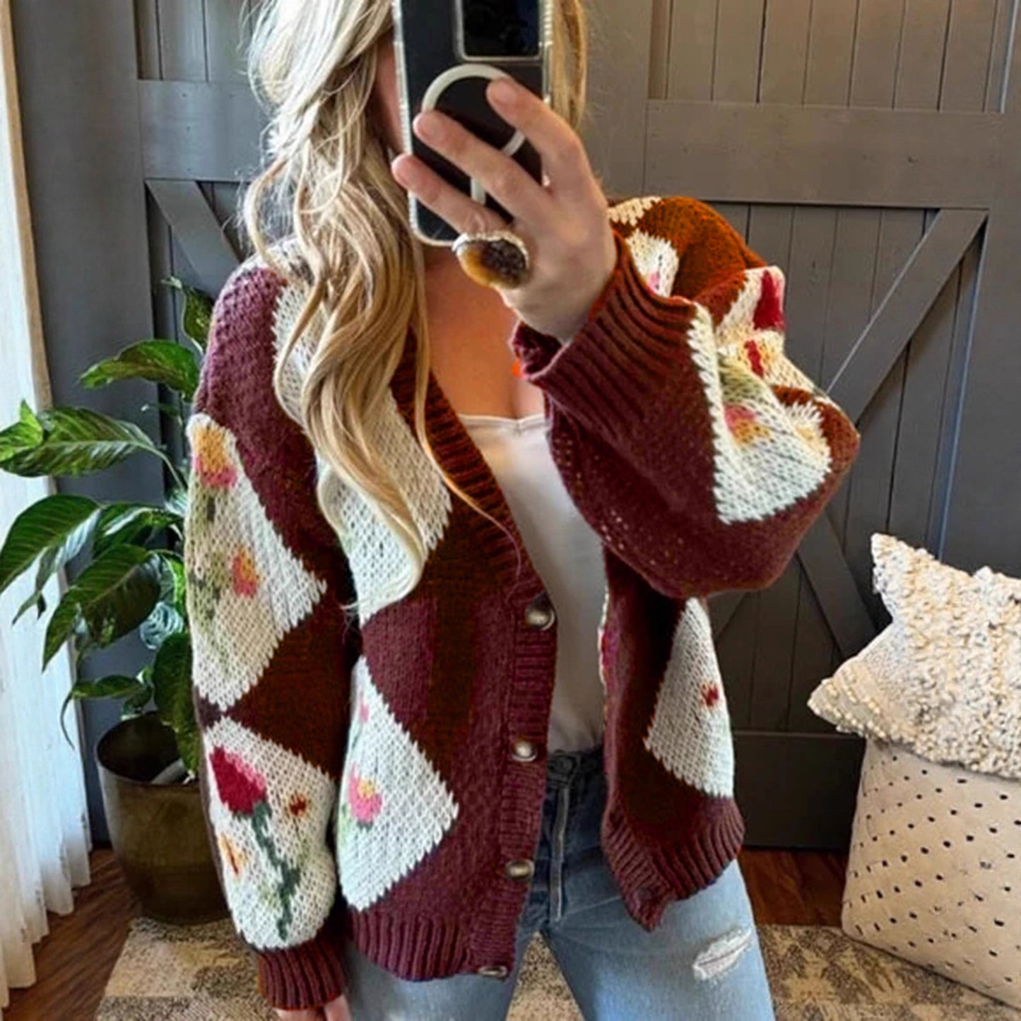 Color Block Floral Jacquard Single-Breasted Casual Knit Sweater Jacket for Women