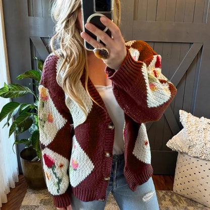 Color Block Floral Jacquard Single-Breasted Casual Knit Sweater Jacket for Women