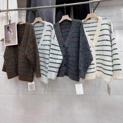 Version Color Block Stripe V-Neck Knitted Cardigan Women Loose Soft Lazy Style Sweater Jacket