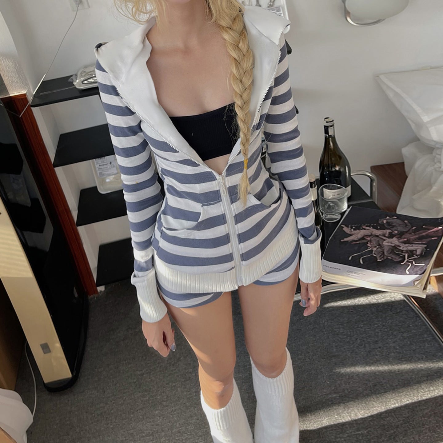 Striped contrasting hooded zipper top sweatshirt cardigan