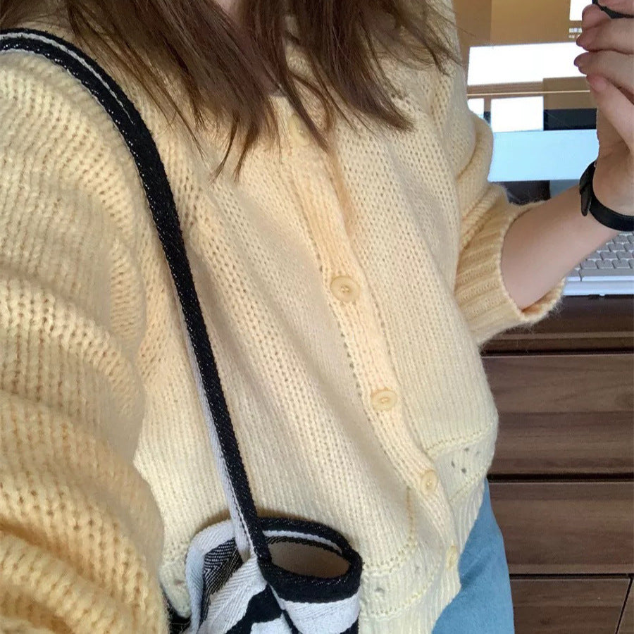 Round Neck Hollow Design Knit Cardigan Women Loose Fresh Sweet Style Sweater Jacket