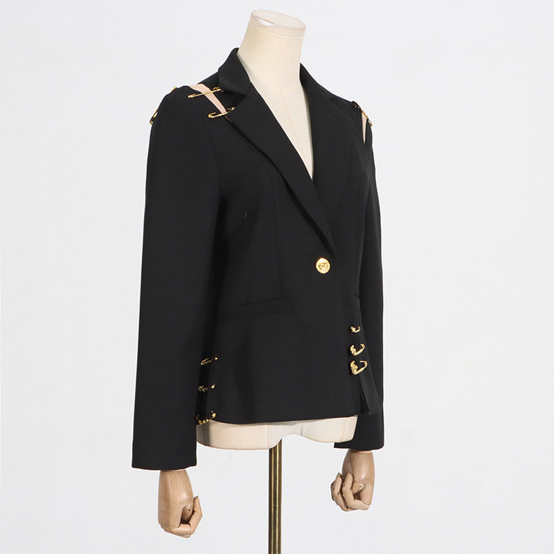 Summer New Mesh Splicing Pin Decorated Long Sleeve Slimming Fitted Small Blazer Jacket for Women Trendy