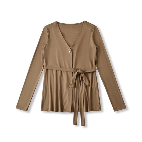 V-neck long sleeved tied waistband Tencel long sleeved casual cardigan jacket