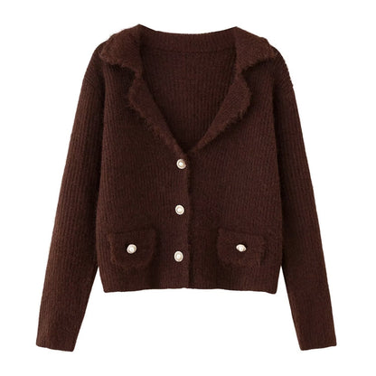 Pearl button decoration long sleeved cardigan jacket knitted sweater