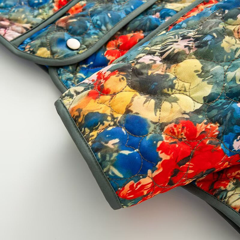 Stand collar long sleeved floral print embroidered cotton jacket for women