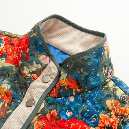 Stand collar long sleeved floral print embroidered cotton jacket for women