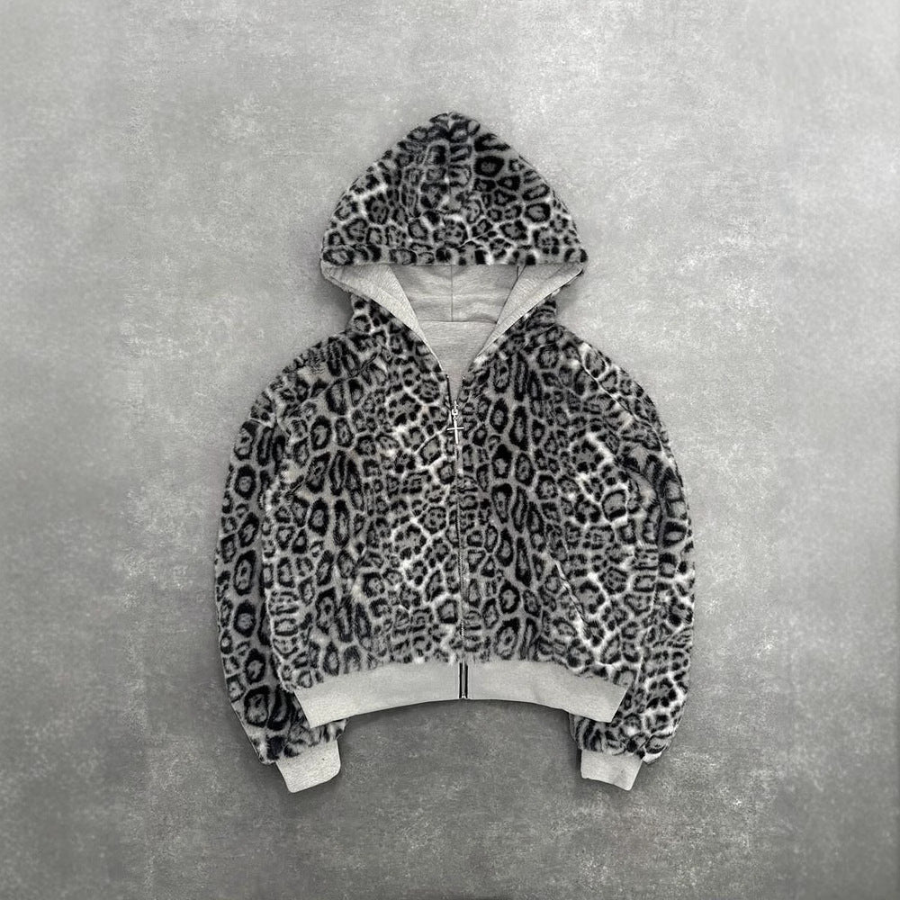 Chic Reversible Hoodie with Vintage Leopard Print Zipper, Oversized Sweatshirt, Two-Sided Wear, Casual Streetwear Style