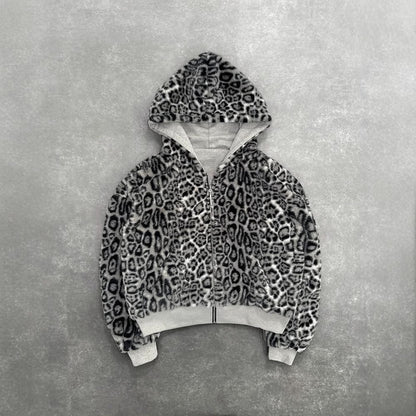 Chic Reversible Hoodie with Vintage Leopard Print Zipper, Oversized Sweatshirt, Two-Sided Wear, Casual Streetwear Style