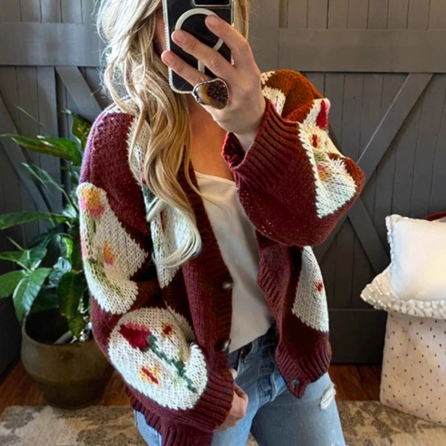 Color Block Floral Jacquard Single-Breasted Casual Knit Sweater Jacket for Women