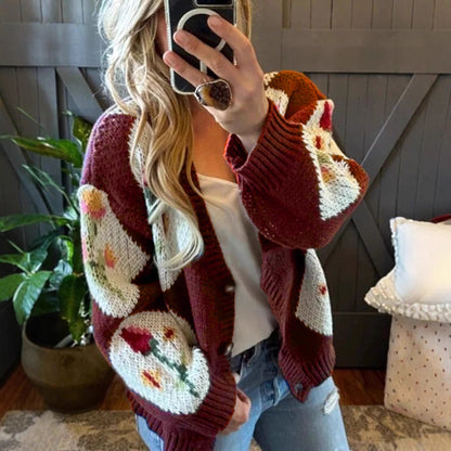 Color Block Floral Jacquard Single-Breasted Casual Knit Sweater Jacket for Women
