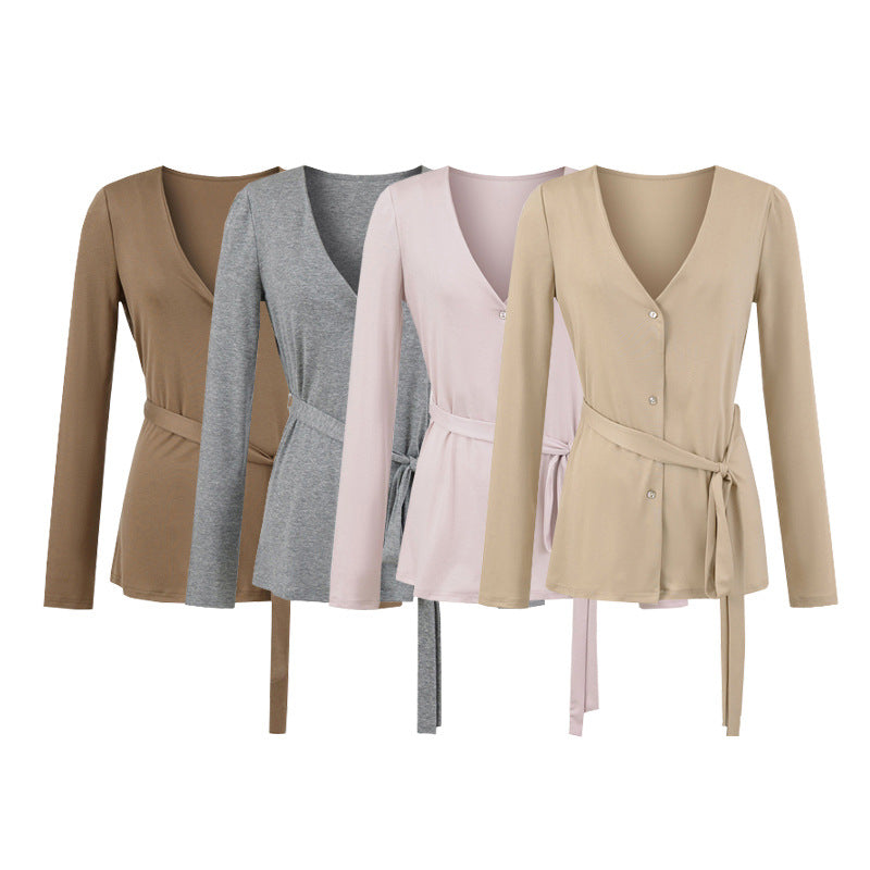V-neck long sleeved tied waistband Tencel long sleeved casual cardigan jacket