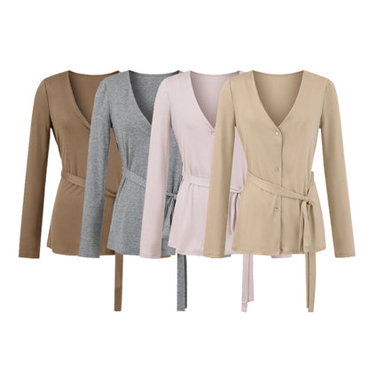 V-neck long sleeved tied waistband Tencel long sleeved casual cardigan jacket