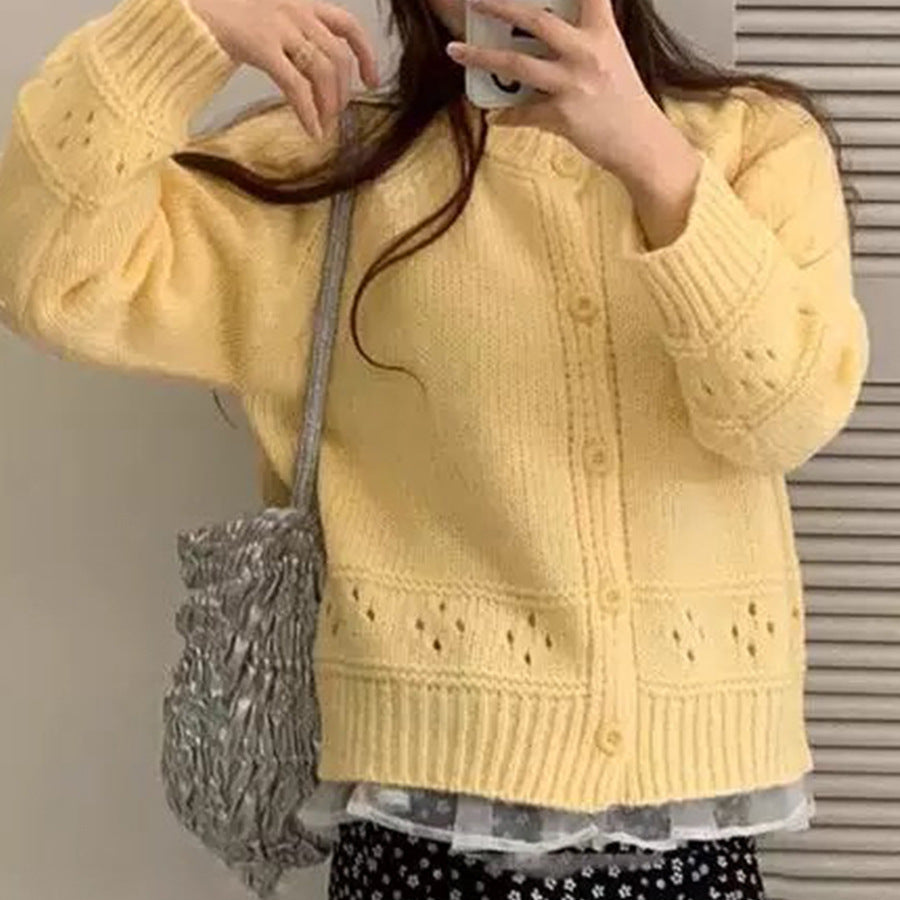 Round Neck Hollow Design Knit Cardigan Women Loose Fresh Sweet Style Sweater Jacket