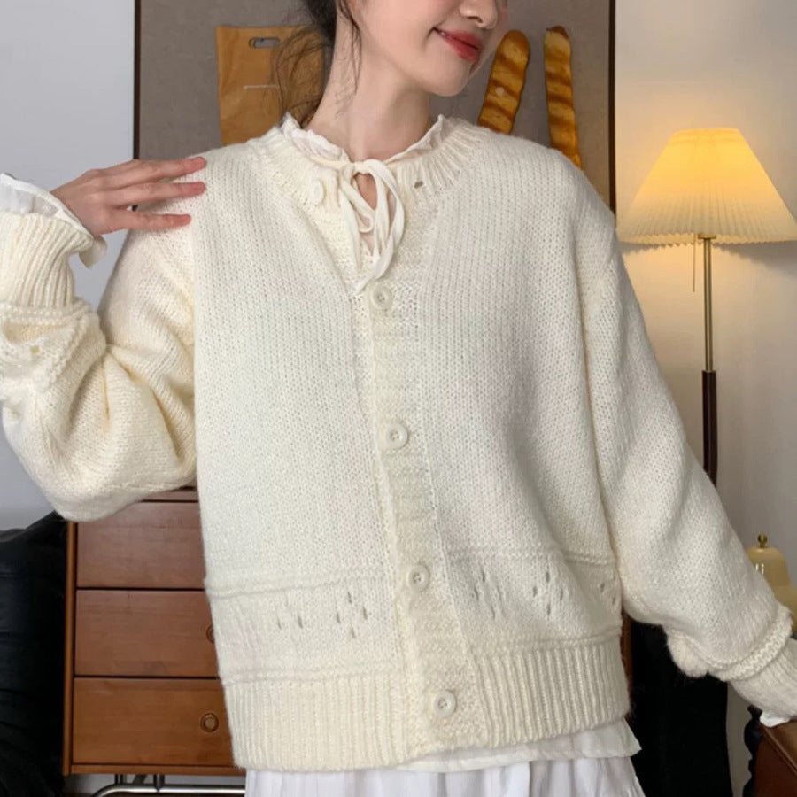 Round Neck Hollow Design Knit Cardigan Women Loose Fresh Sweet Style Sweater Jacket