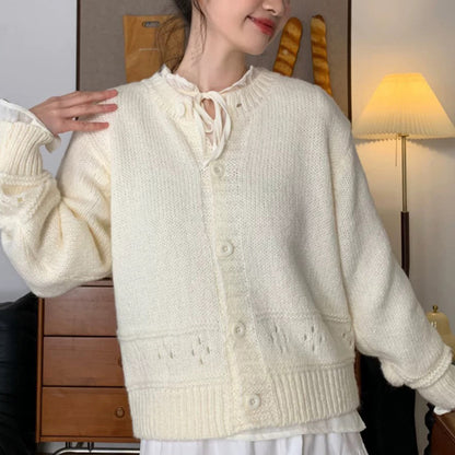Round Neck Hollow Design Knit Cardigan Women Loose Fresh Sweet Style Sweater Jacket