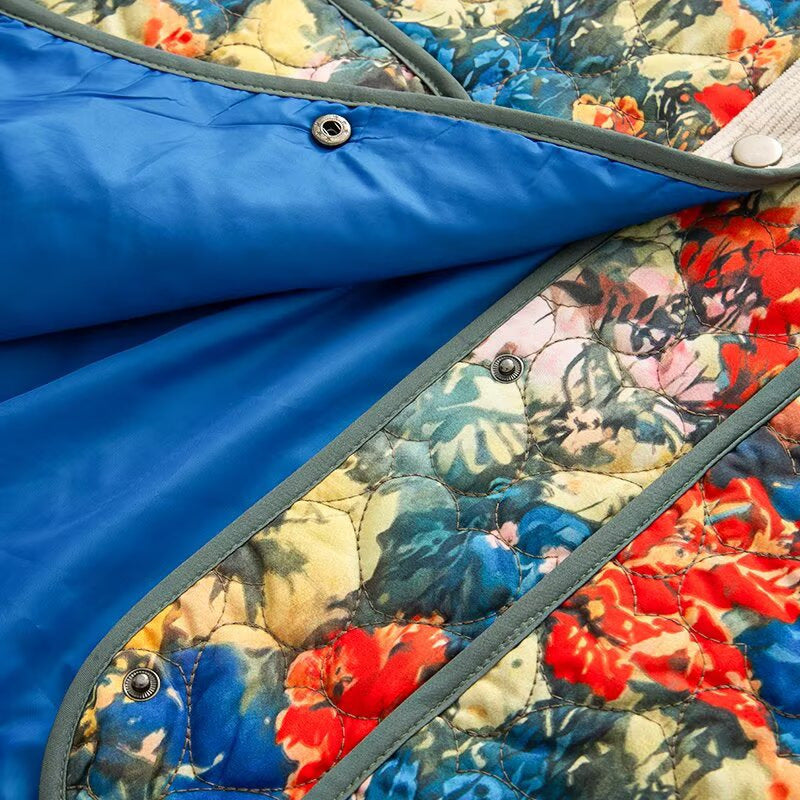 Stand collar long sleeved floral print embroidered cotton jacket for women