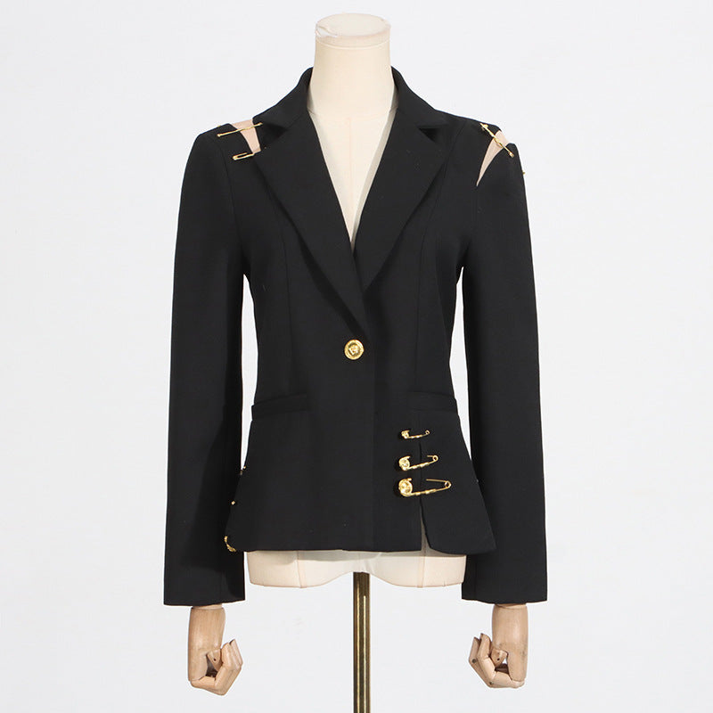 Summer New Mesh Splicing Pin Decorated Long Sleeve Slimming Fitted Small Blazer Jacket for Women Trendy