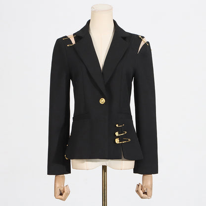 Summer New Mesh Splicing Pin Decorated Long Sleeve Slimming Fitted Small Blazer Jacket for Women Trendy