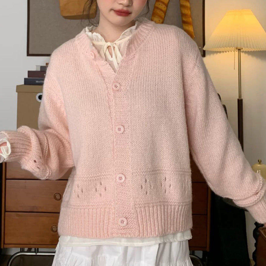 Round Neck Hollow Design Knit Cardigan Women Loose Fresh Sweet Style Sweater Jacket