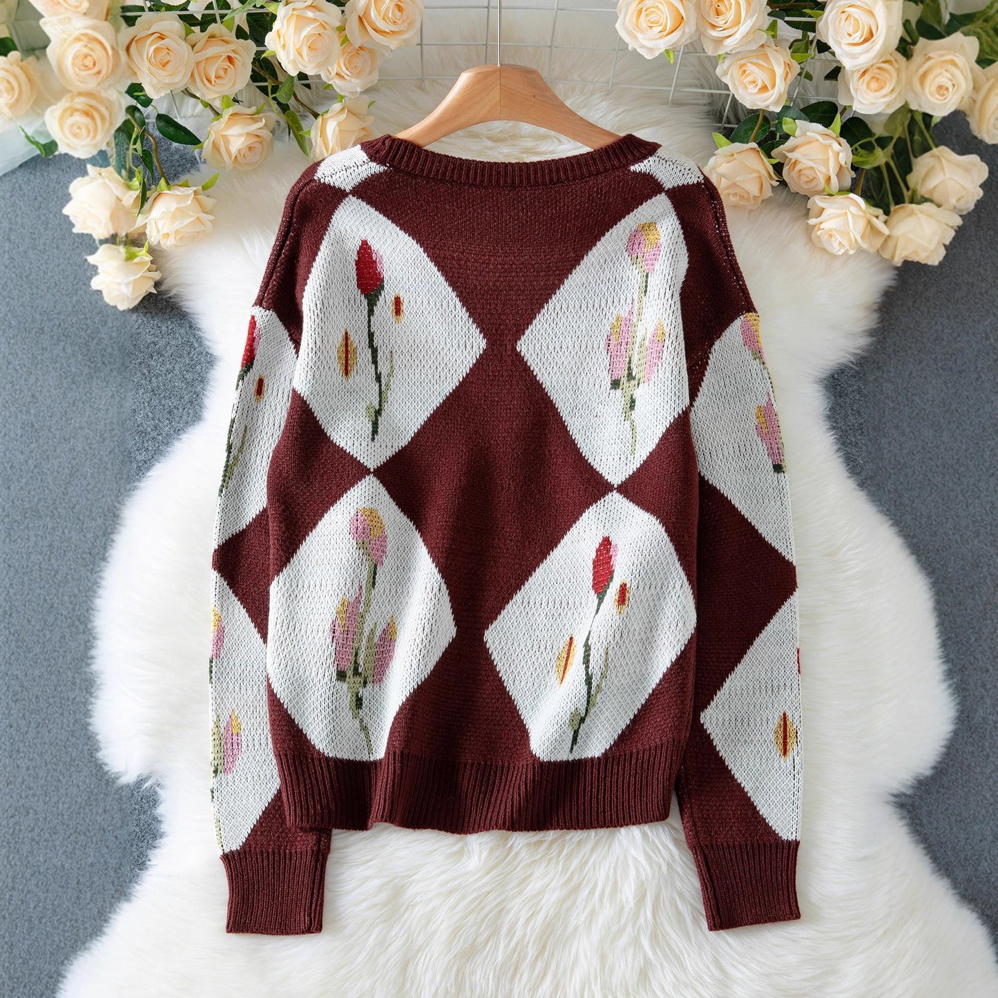 Color Block Floral Jacquard Single-Breasted Casual Knit Sweater Jacket for Women