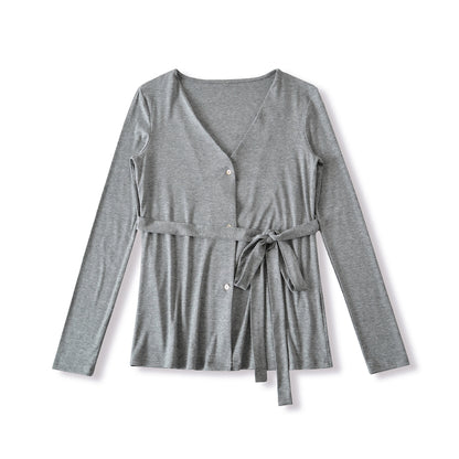 V-neck long sleeved tied waistband Tencel long sleeved casual cardigan jacket