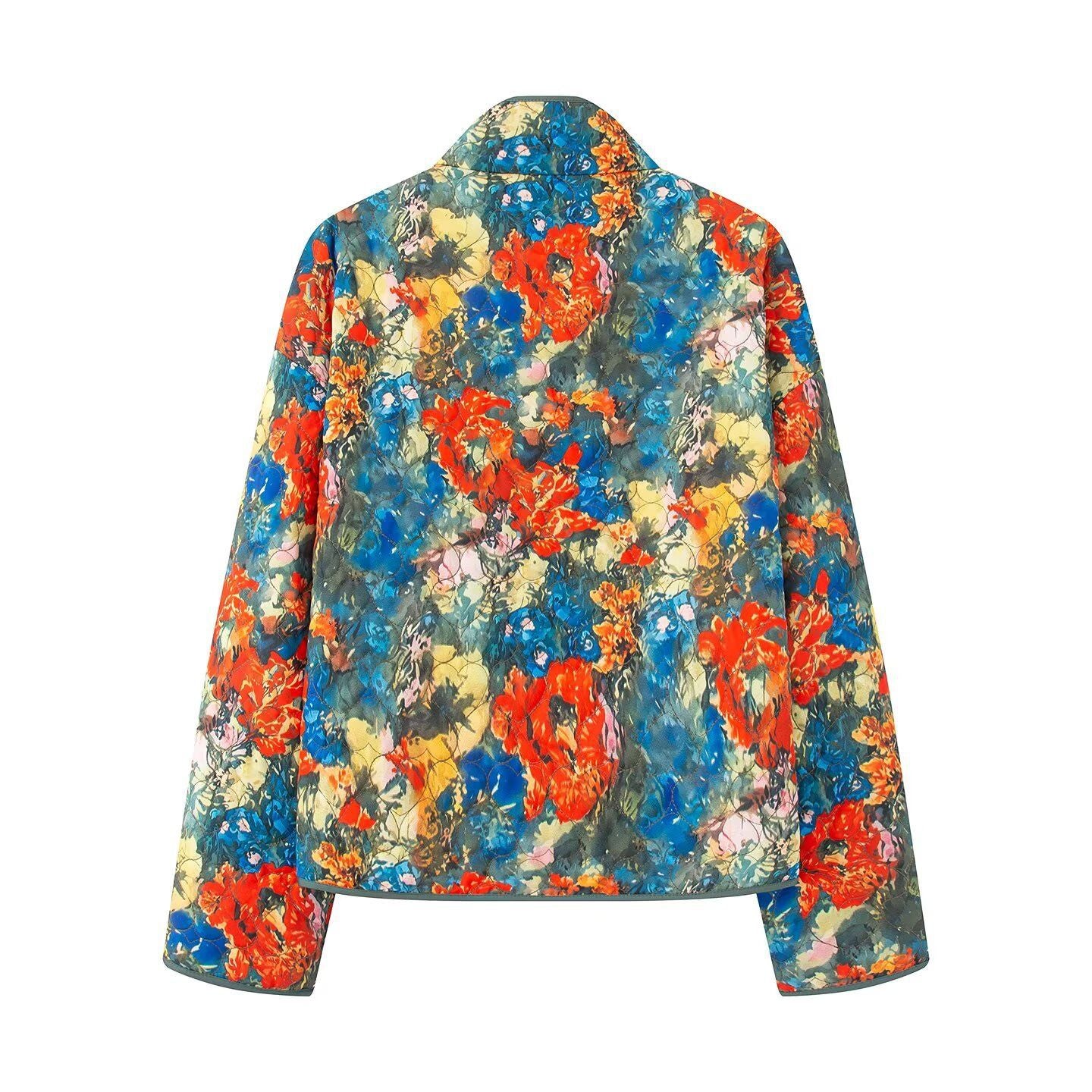Stand collar long sleeved floral print embroidered cotton jacket for women