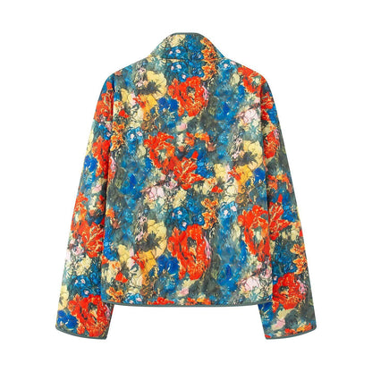 Stand collar long sleeved floral print embroidered cotton jacket for women