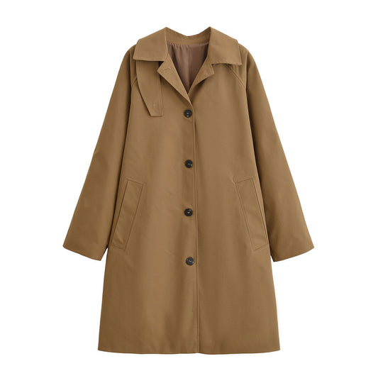 Stand up collar mid length solid color trench coat for women