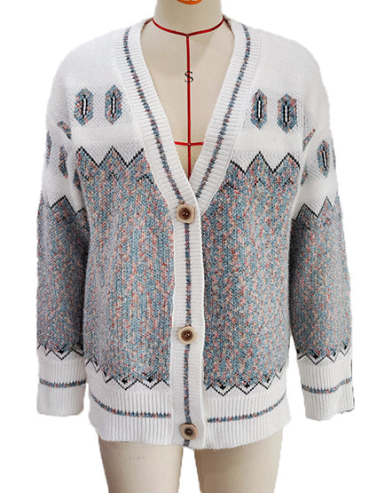 Geometric wave jacquard contrasting color V-neck single breasted casual knitted jacket for women