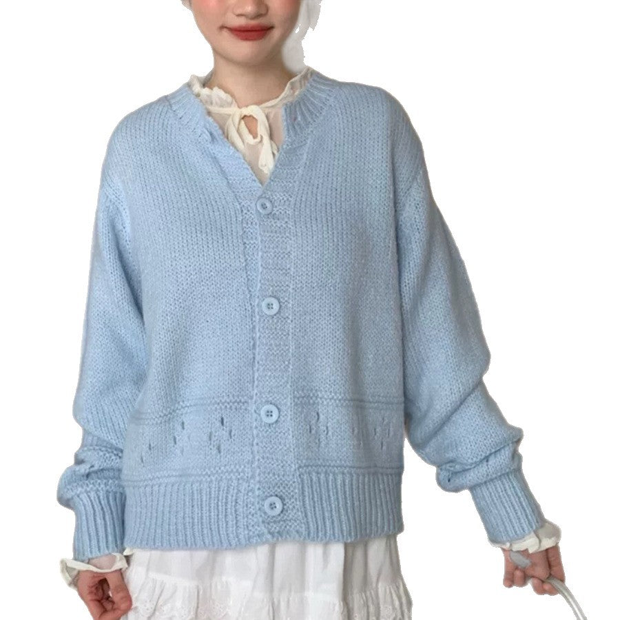 Round Neck Hollow Design Knit Cardigan Women Loose Fresh Sweet Style Sweater Jacket