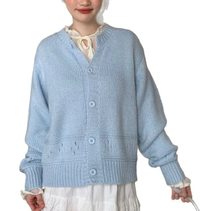 Round Neck Hollow Design Knit Cardigan Women Loose Fresh Sweet Style Sweater Jacket