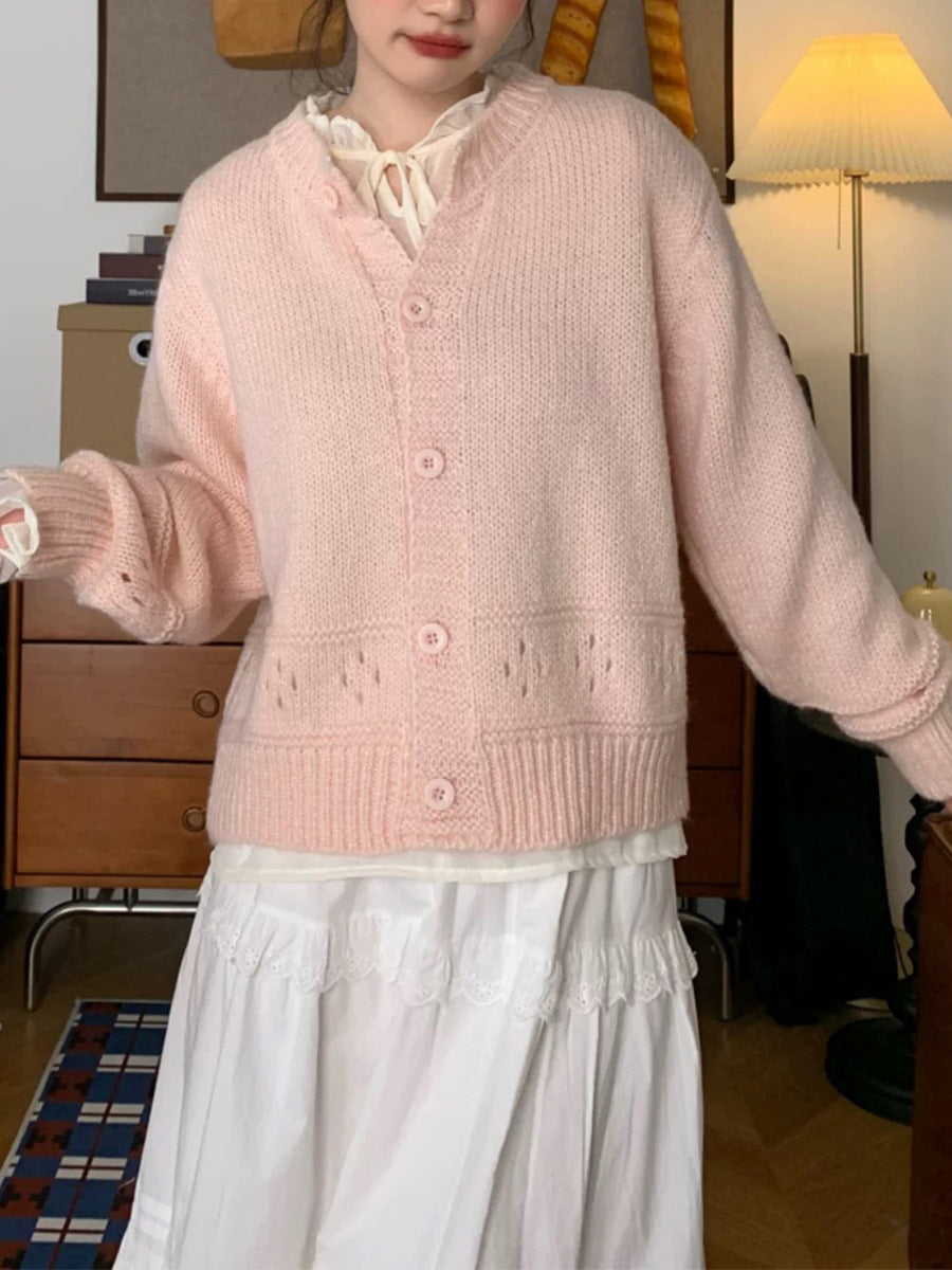 Round Neck Hollow Design Knit Cardigan Women Loose Fresh Sweet Style Sweater Jacket