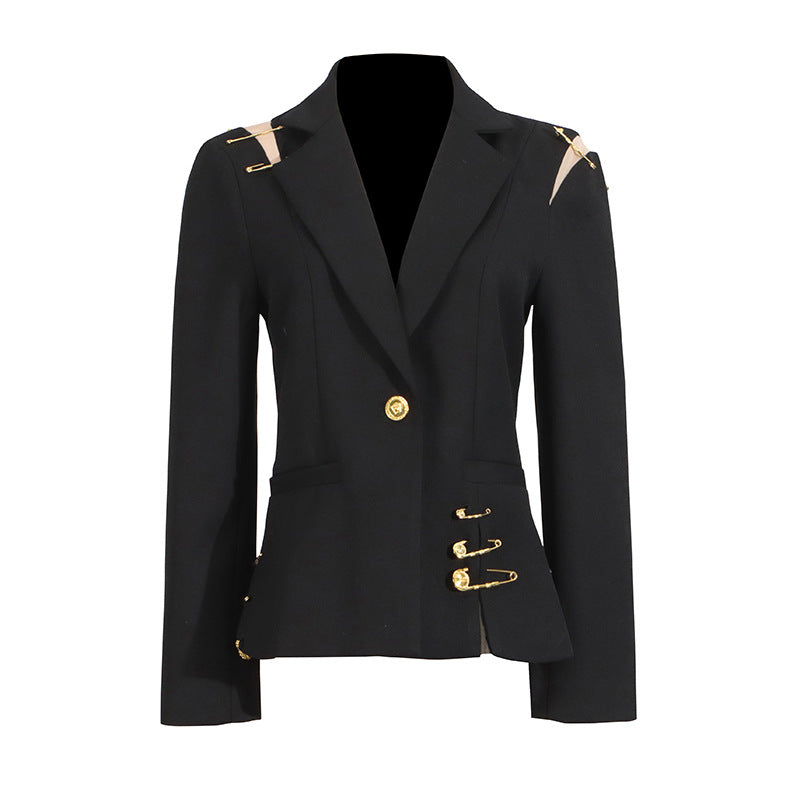 Summer New Mesh Splicing Pin Decorated Long Sleeve Slimming Fitted Small Blazer Jacket for Women Trendy