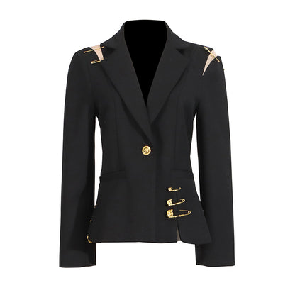 Summer New Mesh Splicing Pin Decorated Long Sleeve Slimming Fitted Small Blazer Jacket for Women Trendy
