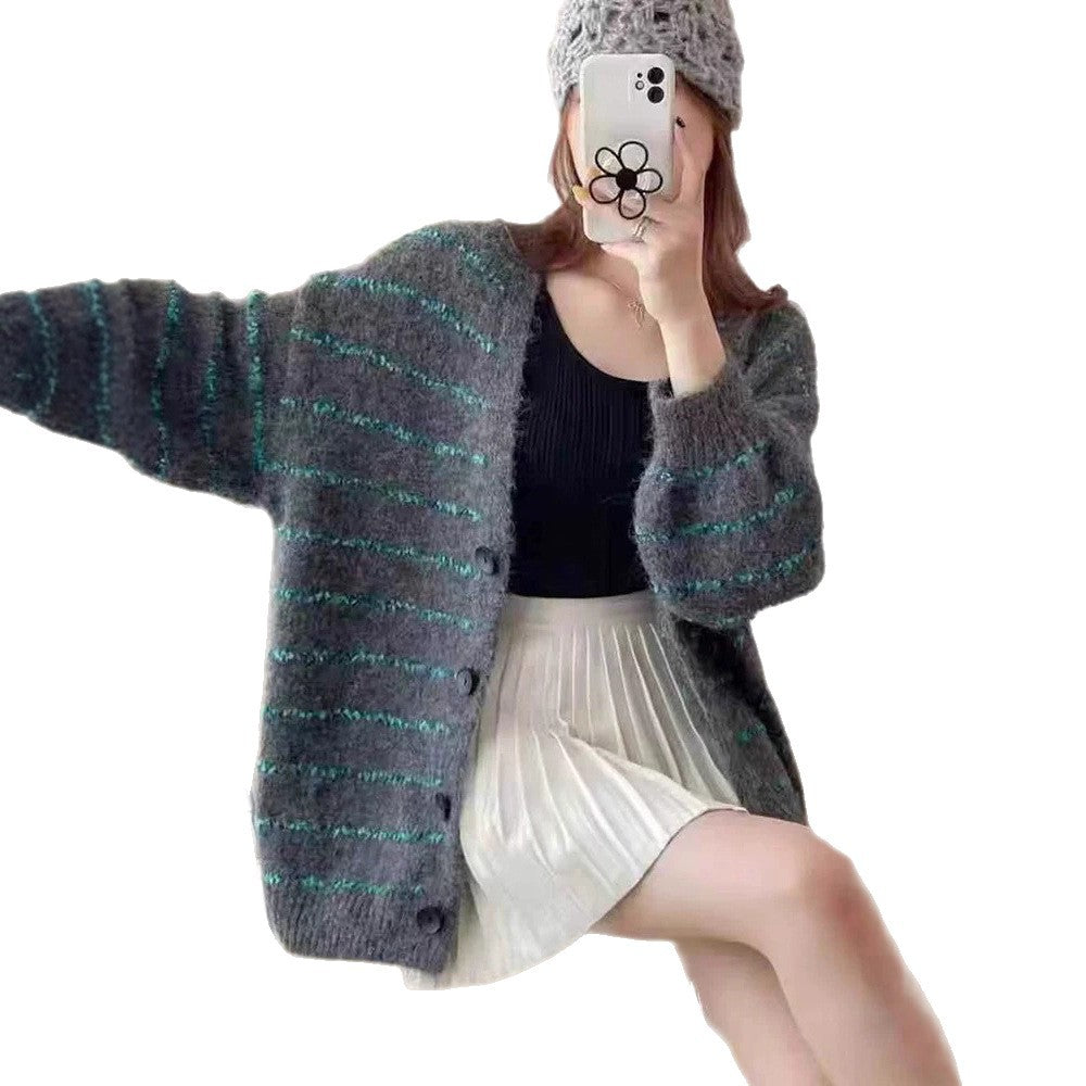 Version Color Block Stripe V-Neck Knitted Cardigan Women Loose Soft Lazy Style Sweater Jacket
