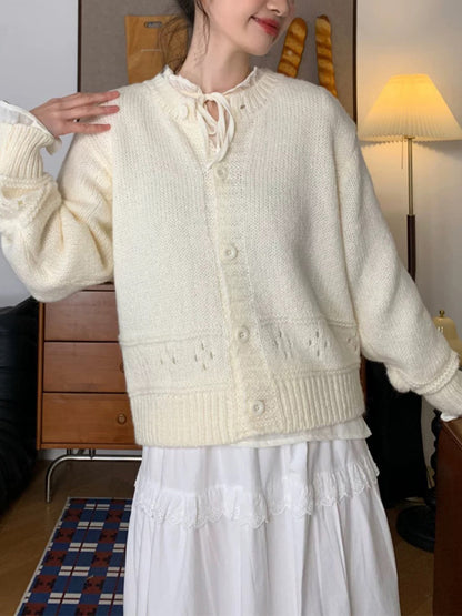 Round Neck Hollow Design Knit Cardigan Women Loose Fresh Sweet Style Sweater Jacket