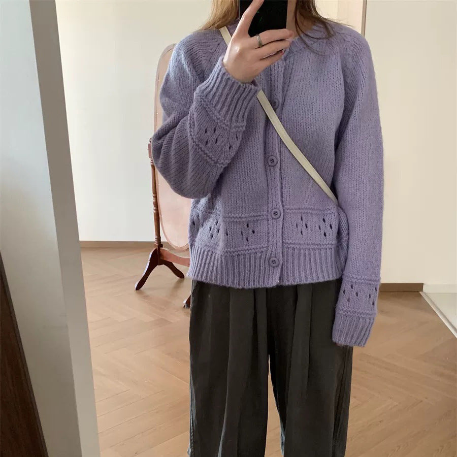 Round Neck Hollow Design Knit Cardigan Women Loose Fresh Sweet Style Sweater Jacket